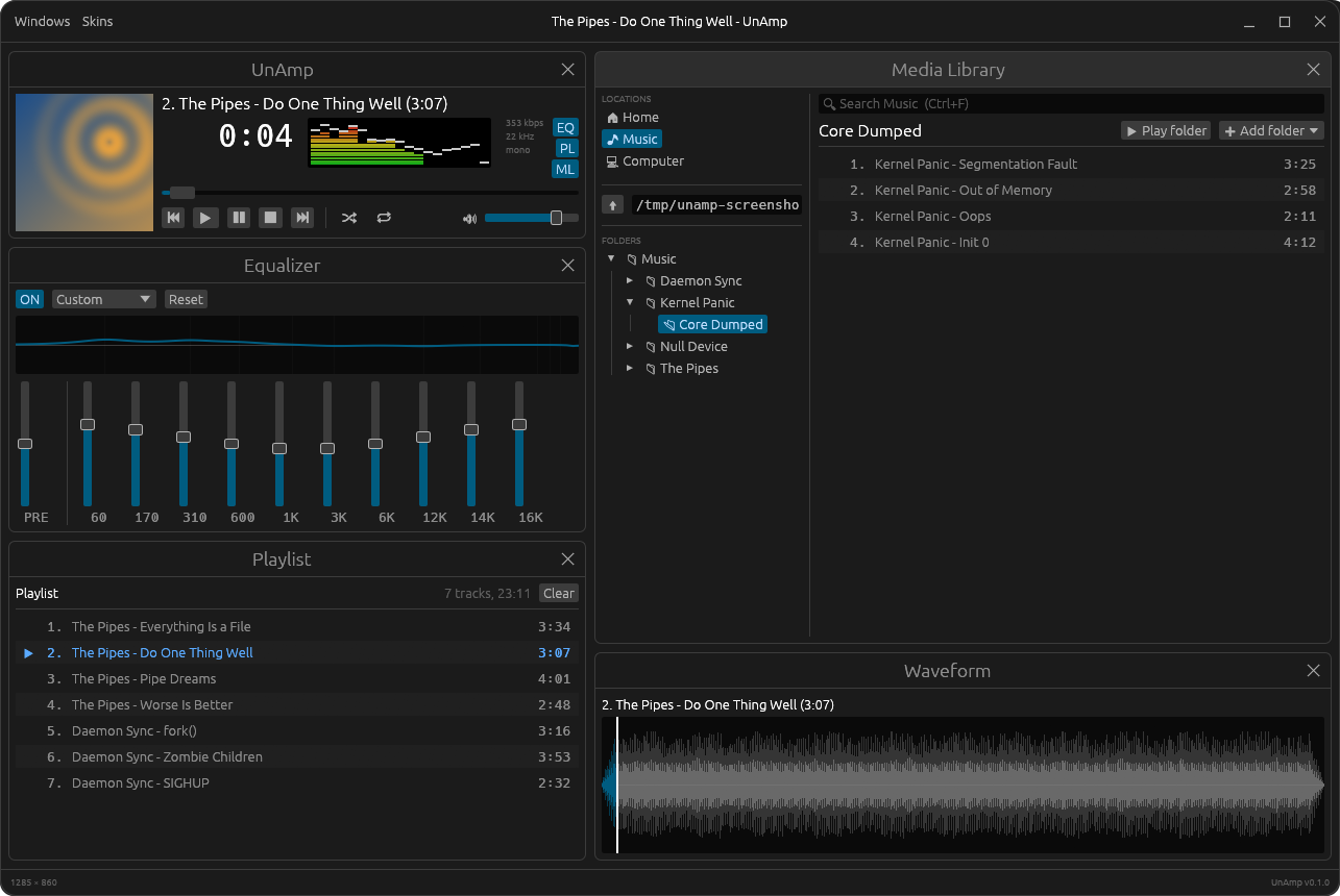 UnAmp playing a track, with the Player, Equalizer and Playlist down the left and the Media Library and Waveform on the right